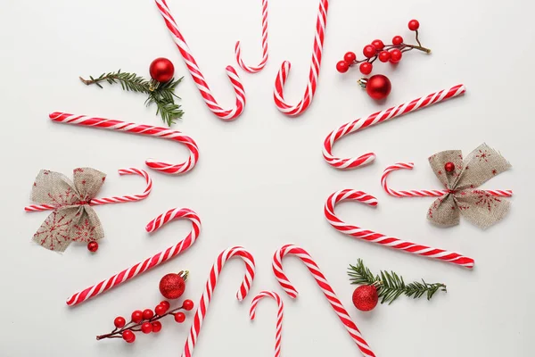 Frame Made Tasty Candy Canes Christmas Decorations White Background — Stock Photo, Image