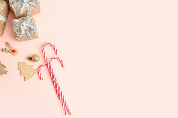 Composition Candy Canes Christmas Gifts Decorations Pink Background — Stock Photo, Image
