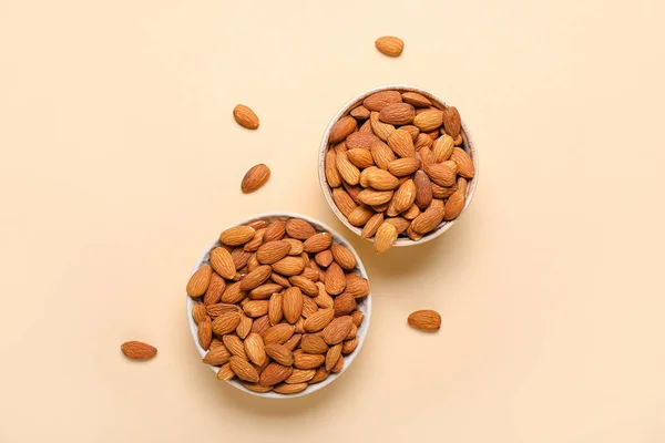 Bowls Almonds Beige Background — Stock Photo, Image