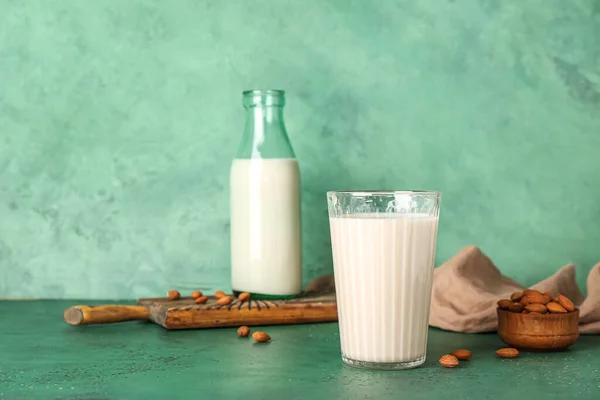 Glass Almond Milk Color Background — Stock Photo, Image