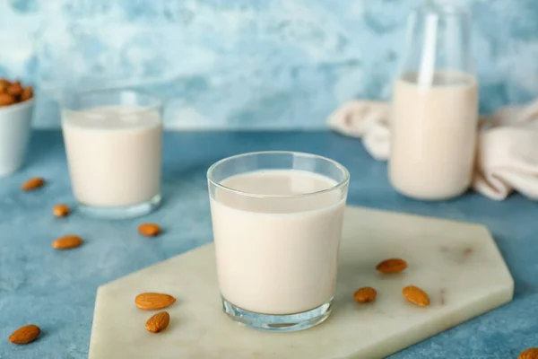 Board Glass Healthy Almond Milk Color Background — Stock Photo, Image
