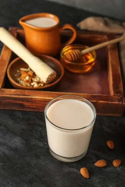 Glass Healthy Almond Milk Dark Background — Stock Photo, Image