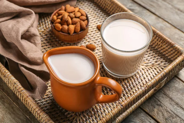Tray Jug Glass Healthy Almond Milk Nuts Wooden Table Closeup — Stock Photo, Image