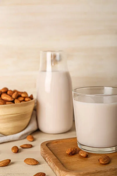 Board Glass Healthy Almond Milk Nuts Wooden Background Closeup — Stock Photo, Image