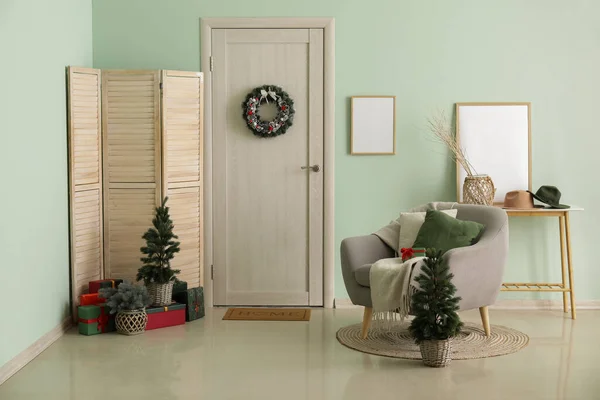 Interior Hall Wooden Door Christmas Wreath Trees Armchair — Stock Photo, Image