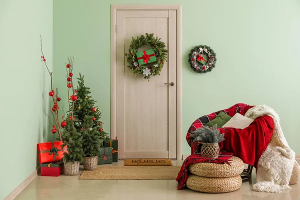 Interior Hall Wooden Door Christmas Decor Armchair — Stock Photo, Image