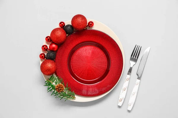 Table Setting Christmas Balls Fir Branch Cone Light Background — Stock Photo, Image