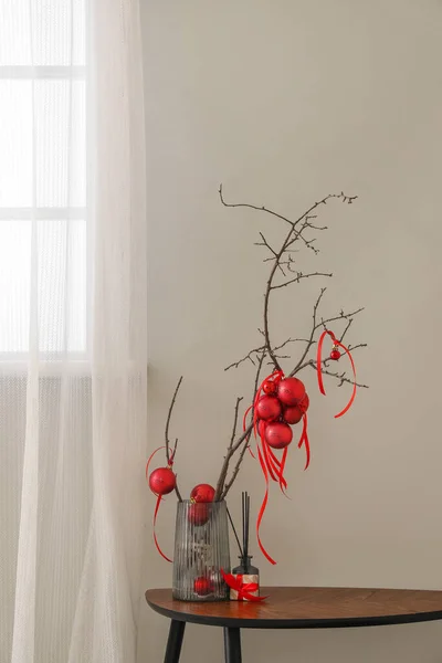 Vase Tree Branches Christmas Balls Reed Diffuser Table Living Room — Stock Photo, Image