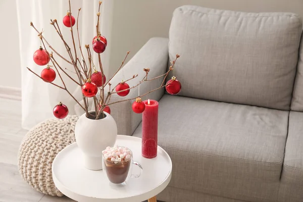 Vase Tree Branches Christmas Balls Candle Cup Cocoa Table Living — Stock Photo, Image