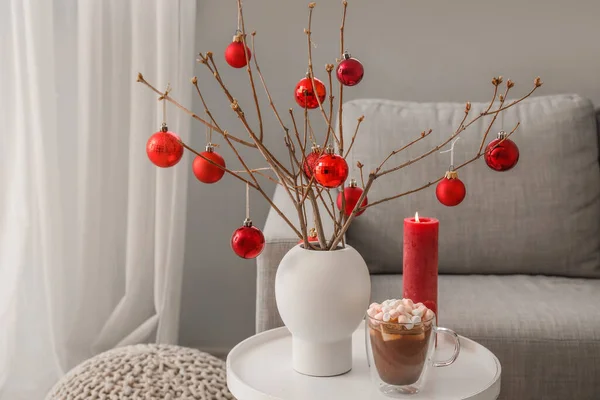 Vase Tree Branches Christmas Balls Candle Cup Cocoa Table Living — Stock Photo, Image