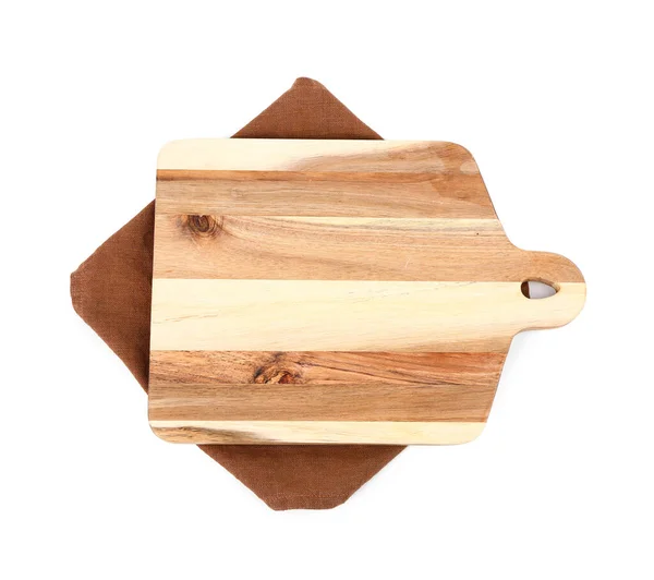 Wooden Board Brown Napkin White Background — Stock Photo, Image