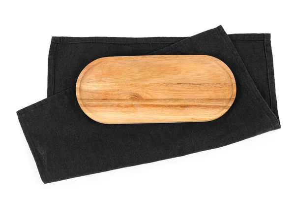 Houten Plank Met Zwarte Servet Witte Ondergrond — Stockfoto