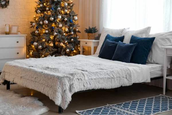 Interior Bedroom Glowing Christmas Tree Tables — Stock Photo, Image