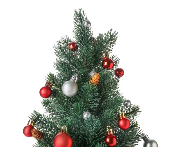 Árvore Natal Pequena Com Bolas Fundo Branco Close — Fotografia de Stock