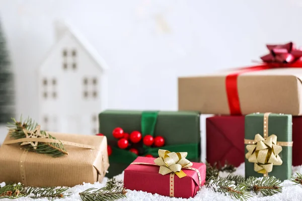 Christmas Gift Boxes Fir Branches White Snow Closeup — Stock Photo, Image