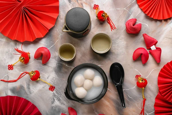 Bowl Tangyuan Teapot Cups Chinese Decor Grunge Background Dongzhi Festival — Stock Photo, Image