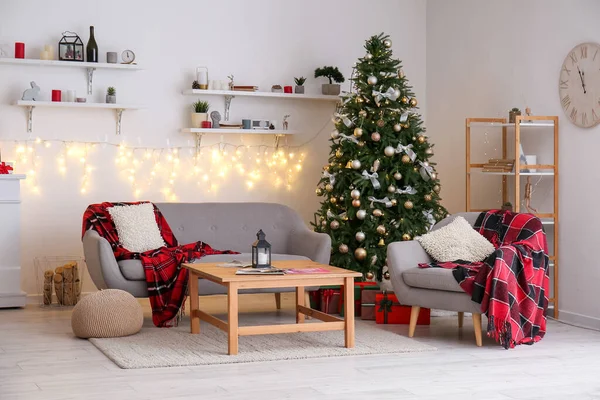Interior Living Room Glowing Christmas Tree Sofa Armchair — Stock Photo, Image