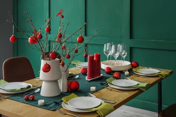 Vases Tree Branches Red Christmas Balls Dining Table Room — Stock Photo, Image
