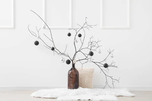 Vase Tree Branches Christmas Balls Pillow Light Wall — Stock Photo, Image