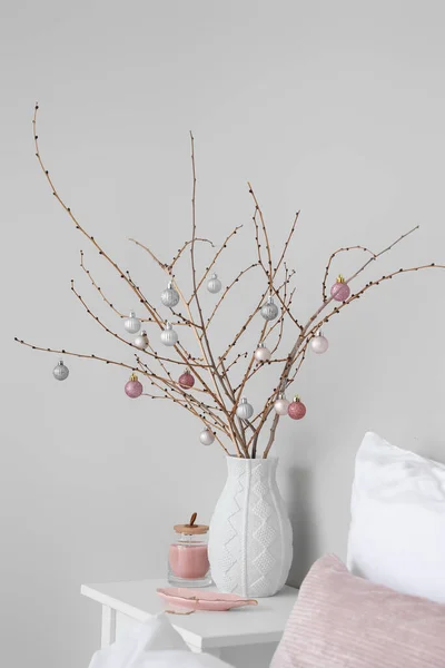 Vase Tree Branches Christmas Balls Candle Jewelry Table Bedroom — Stock Photo, Image
