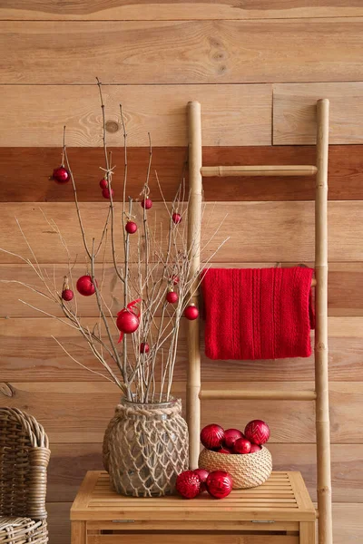 Vase Tree Branches Christmas Balls Basket Drawer Living Room — Stock Photo, Image