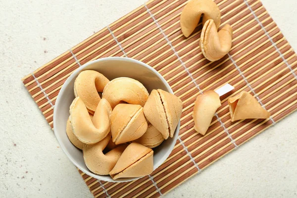 Bamboo Mat Bowl Fortune Cookies Light Background — Stock Photo, Image