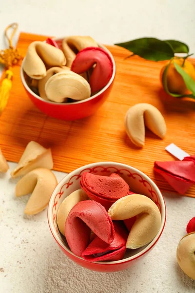 Bamboo Mat Bowls Fortune Cookies Light Background Closeup — Stock Photo, Image