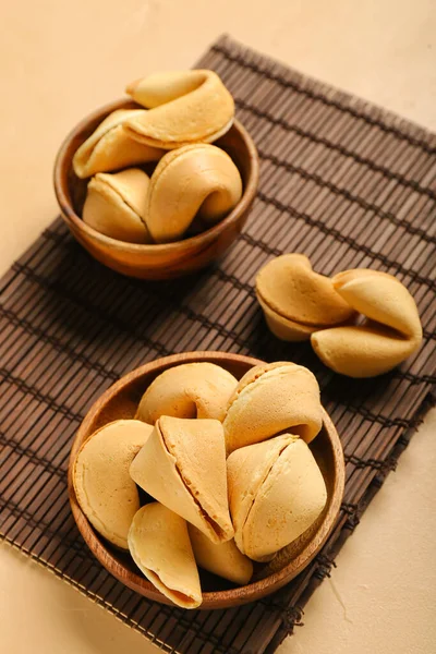 Bamboo Mat Bowls Fortune Cookies Beige Background Closeup — Stock Photo, Image