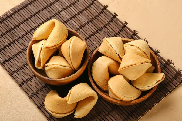 Bamboo Mat Bowls Fortune Cookies Beige Background Closeup — Stock Photo, Image