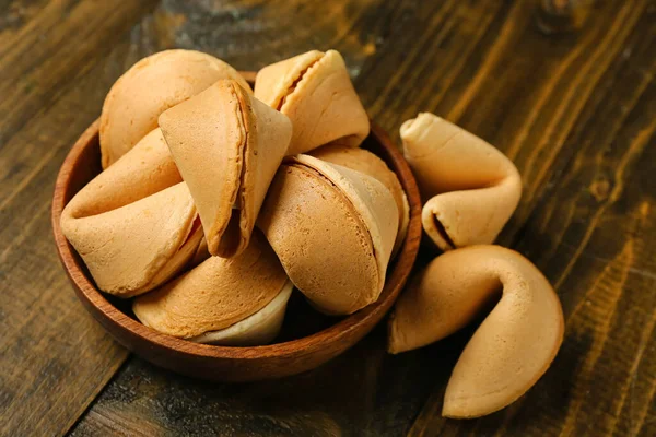 Bowl Fortune Cookies Wooden Background Closeup — Stock Photo, Image