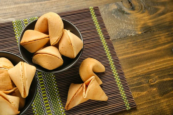 Bamboo Mat Bowls Fortune Cookies Wooden Background Closeup — Stock Photo, Image