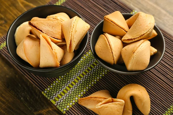 Bamboo Mat Bowls Fortune Cookies Wooden Background Closeup — Stock Photo, Image
