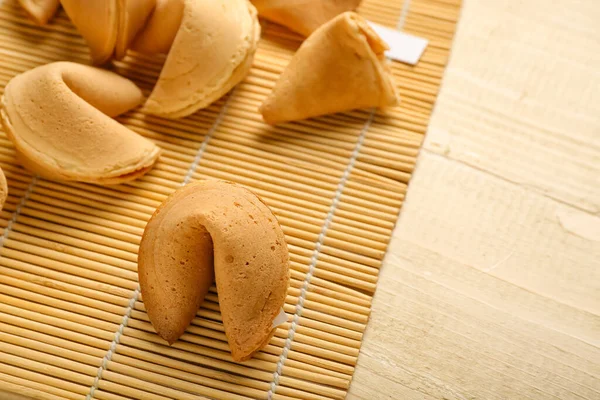 Bamboo Mat Fortune Cookies Wooden Background Closeup — Stock Photo, Image