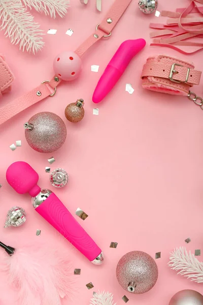 Frame Made Sex Toys Christmas Decor Pink Background — Stock Photo, Image
