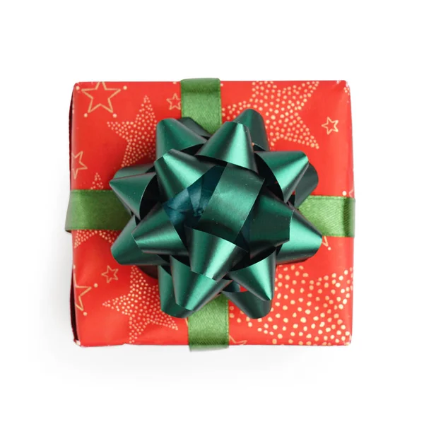 Christmas Gift Box Green Bow White Background — Stock Photo, Image
