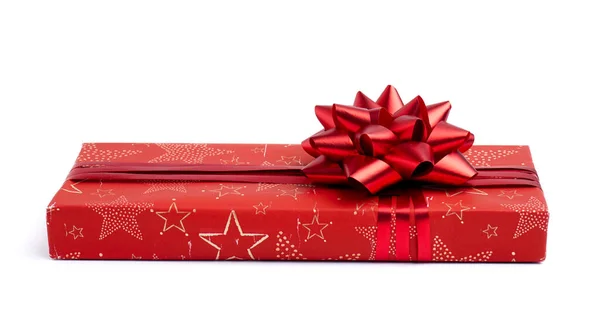 Caixa Presente Natal Com Arco Vermelho Fundo Branco — Fotografia de Stock