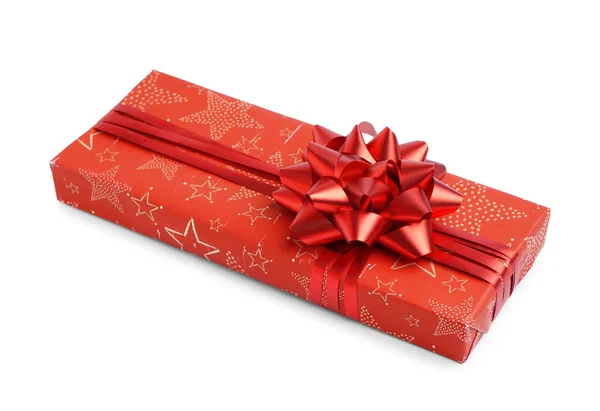 Scatola Regalo Natale Con Fiocco Rosso Sfondo Bianco — Foto Stock