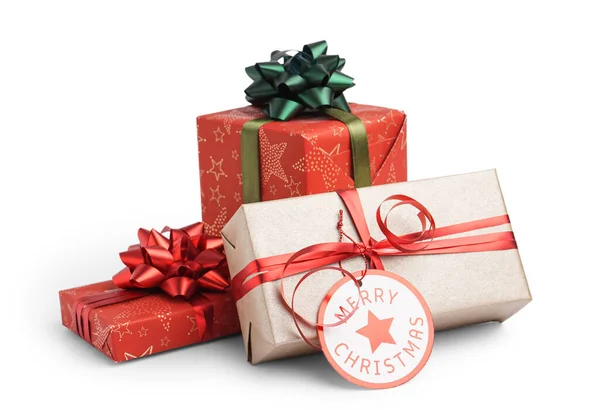 Рождественские Подарочные Коробки Луками Белом Фоне — стоковое фото