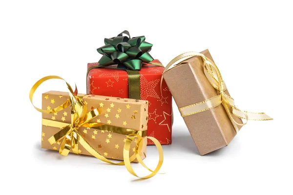 Coffrets Cadeaux Noël Avec Des Arcs Sur Fond Blanc — Photo