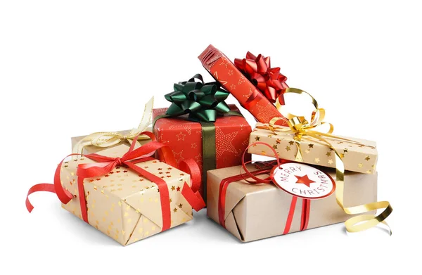 Coffrets Cadeaux Noël Avec Des Arcs Sur Fond Blanc — Photo
