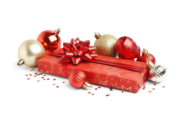 Gift Box Christmas Balls Stars White Background — Stock Photo, Image