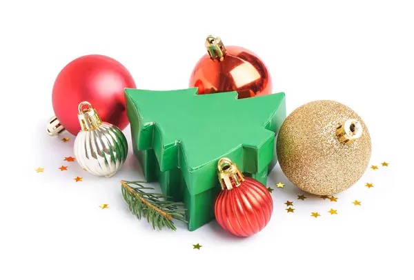 Gift Boxes Shape Christmas Tree Balls White Background — Stock Photo, Image