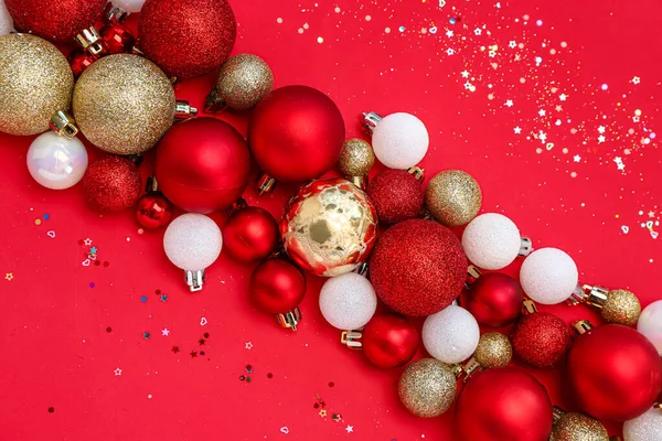 Christmas Balls Sequins Red Background — Stock Photo, Image