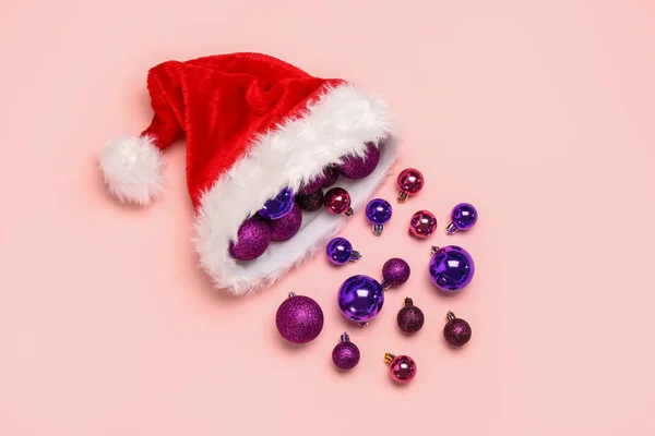 Santa Hat Christmas Balls Pink Background — Stock Photo, Image