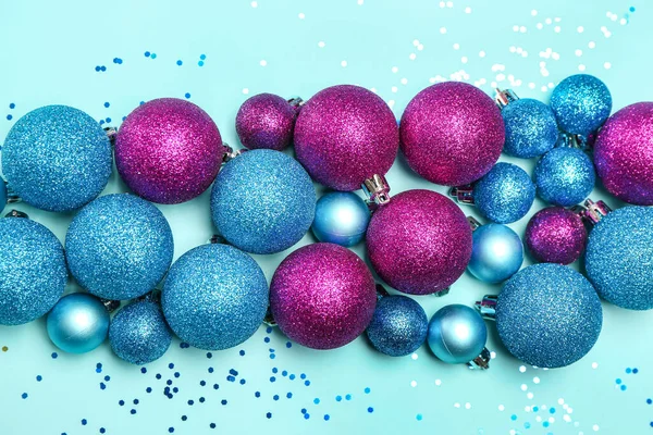 Modré Vánoční Koule Flitry Modrém Pozadí — Stock fotografie