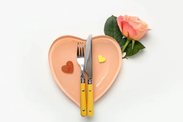 stock image Table setting for Valentine's Day with rose on white background