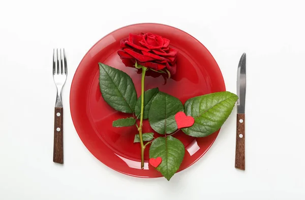 Table Setting Valentine Day Red Rose White Background — Stock Photo, Image