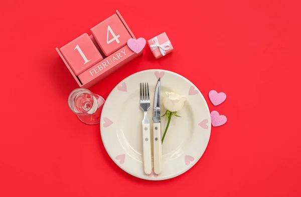 Cube Calendar Date February Table Setting Hearts Red Background — Stock Photo, Image