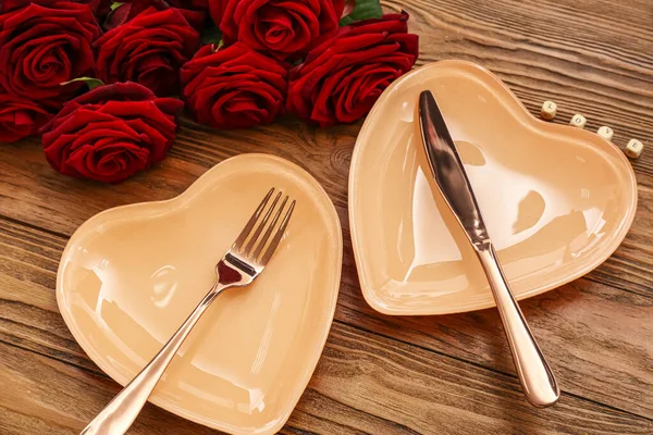 Cenário Mesa Para Dia Dos Namorados Com Palavra Amor Rosas — Fotografia de Stock