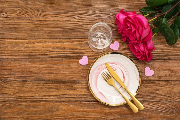 Cenário Mesa Para Dia Dos Namorados Com Corações Rosas Fundo — Fotografia de Stock